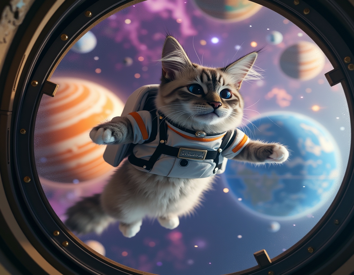 Cat floats weightlessly in space, wearing a high-tech spacesuit. Vibrant planets, shining stars, and distant nebulae create a stunning cosmic backdrop.